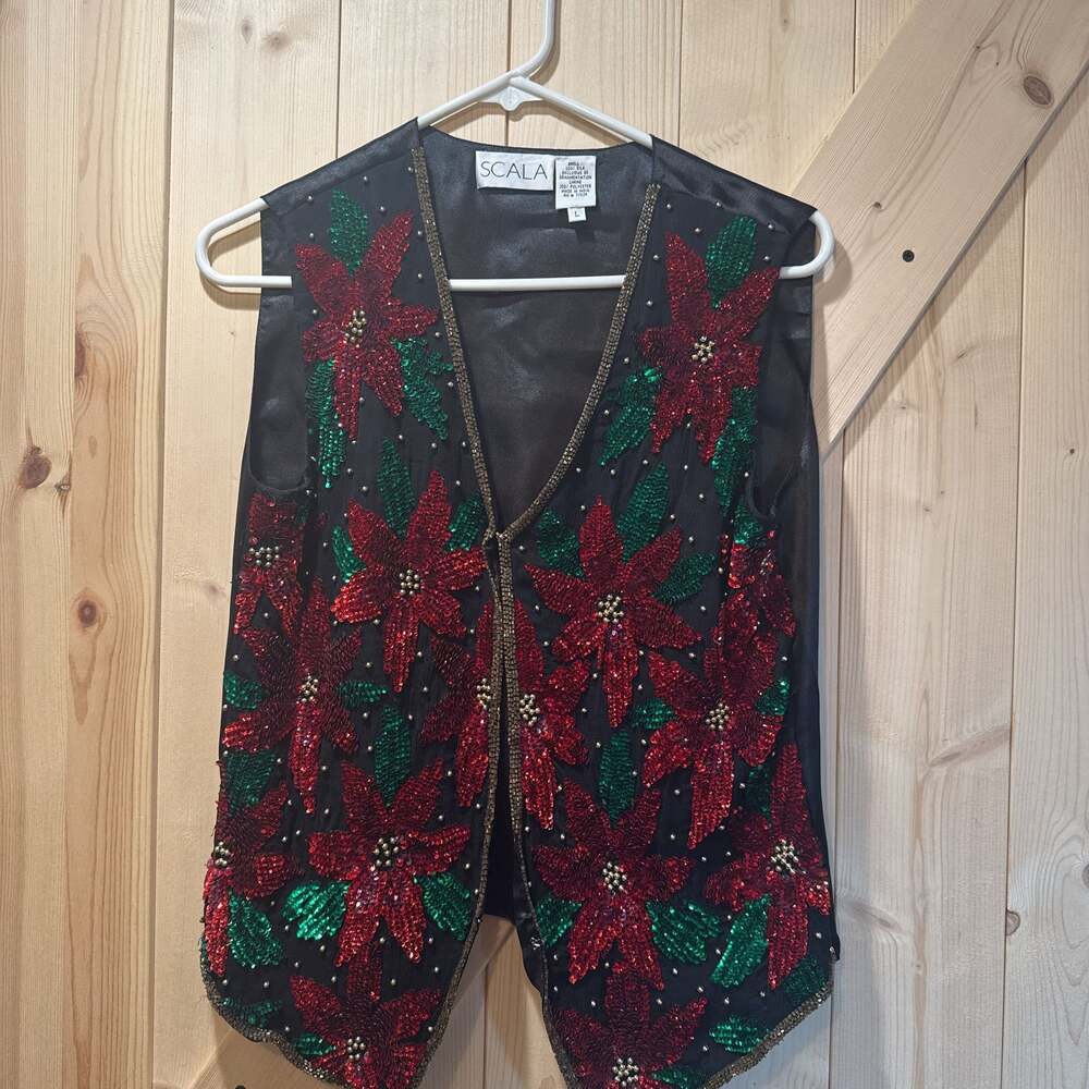 Black Velvet Christmas Poinsettia Sequin Beaded Vest